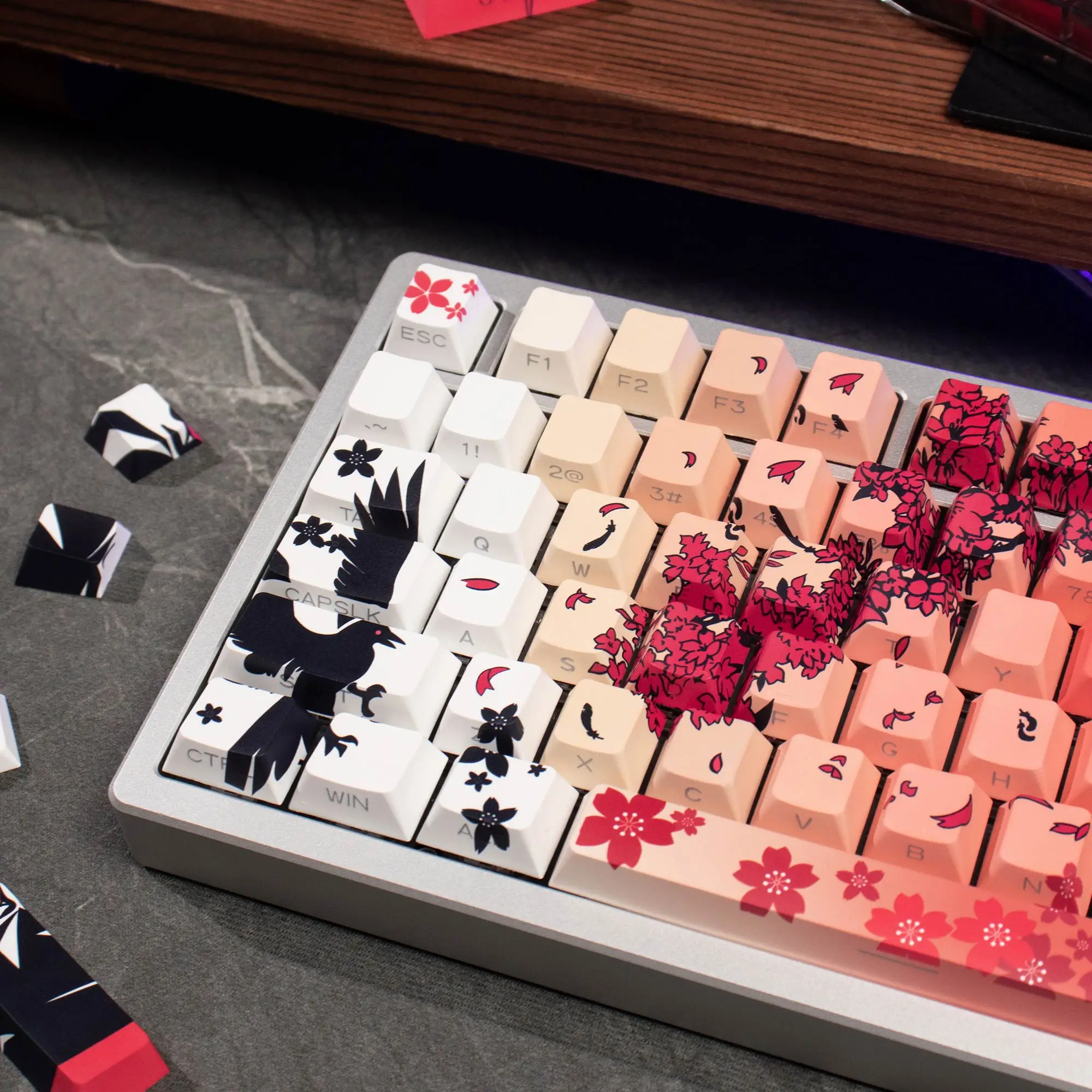 131 keys Raven Sakura Keycaps Dye Sub Cherry Profile PBT Keycaps