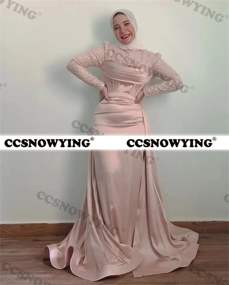 

Pink Hijab Muslim Evening Dresses Long Sleeve Islamic Formal Party Gown Satin Sequin Women Arabic Kafatn Robe De Soiree