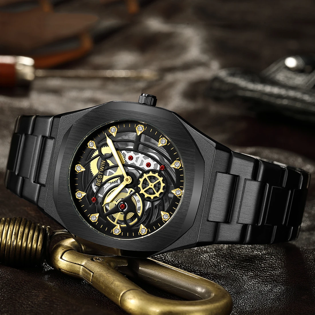 Luxury Men Watch Steampunk Style New Concept Hollow Skeleton Reloj Men's Quartz Wristwatch Sports Diamond Gold Watches Man Clock