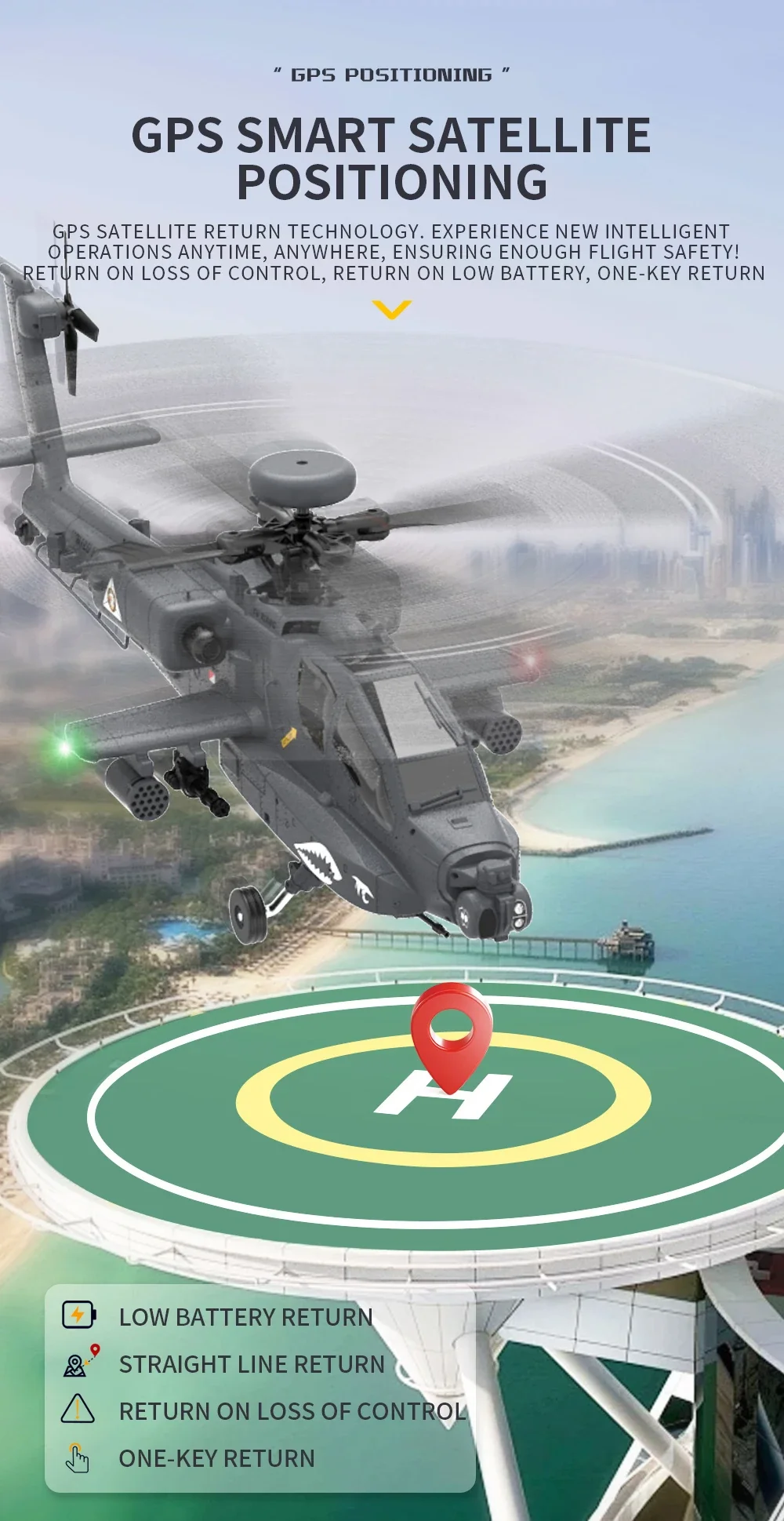 YXZNRC F11-S 1:32 AH-64 Apache Scale 2.4G 6CH GPS Altitude Hold Optical Flow Positioning 5.8G FPV Camera Dual Brushless Motor Flybarless RC Helicopter RTF