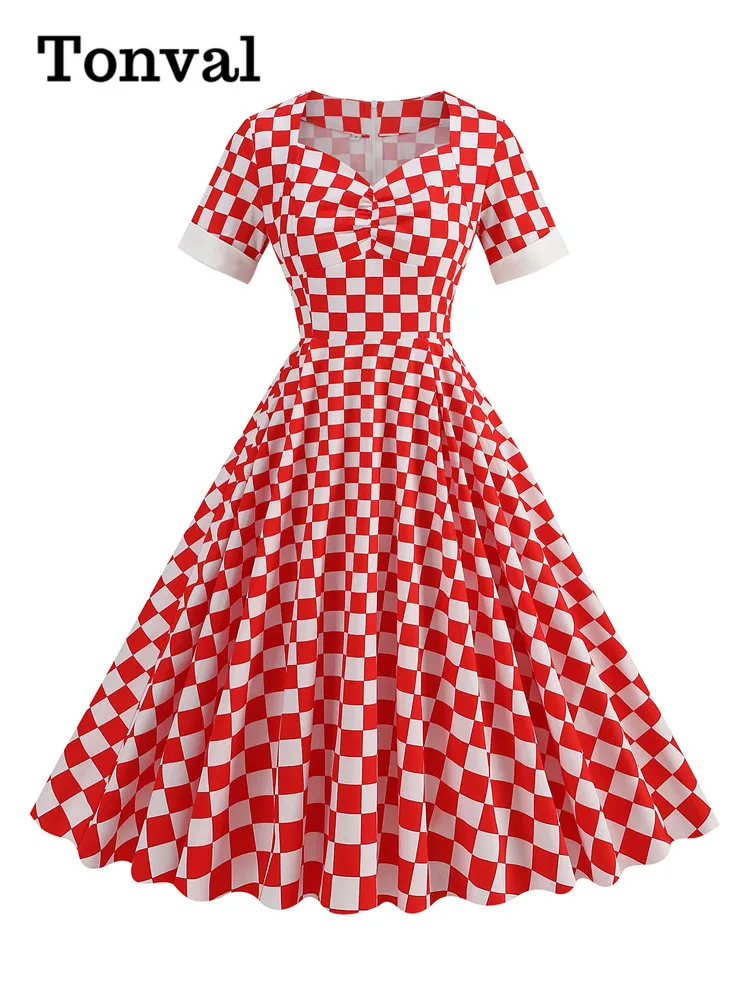 

Tonval Red and White Plaid Rockabilly 50s Retro Dress Sweetheart Neck Women Summer Ruched Front Vintage Cotton Long Dresses