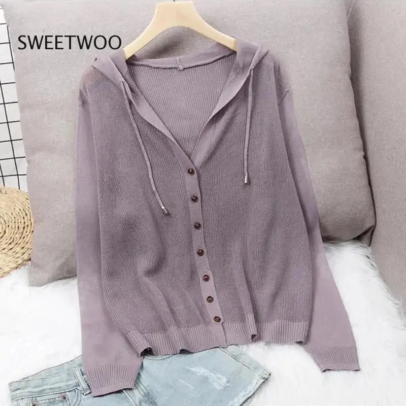 

Loose Knitted Hooded Cardigans for Women Summer Thin Long Seeve Sunscreen Shirt Single Breasted Solid Knitwear Coat Tops Female