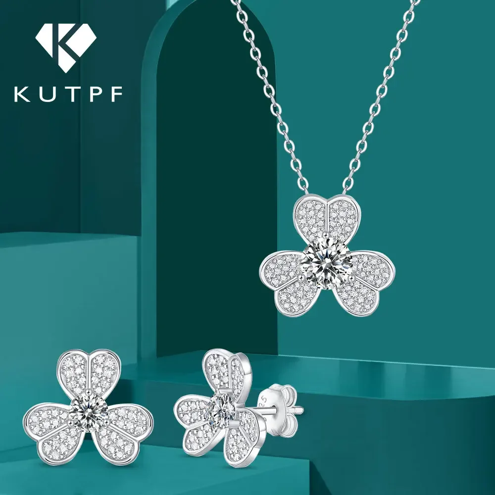 1Ct Clover Moissanite Jewelry Set 100% S925 Sterling Silver D Round Diamond Pendant Collana Orecchini A Bottone Per Le Donne Simplism