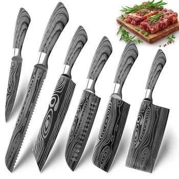 Coltello da cucina Coltello da cuoco laser damasco 5 7 8 pollici Mannaia per carne Coltello Santoku giapponese Macellaio Affettatrice per pesce Verdura 1