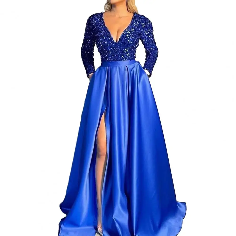 

Prom Evening Dress Elegant Shiny Sequin V Neck Evening Dress with High Waist Split Hem A-line Satin Maxi Dress for Prom Wedding