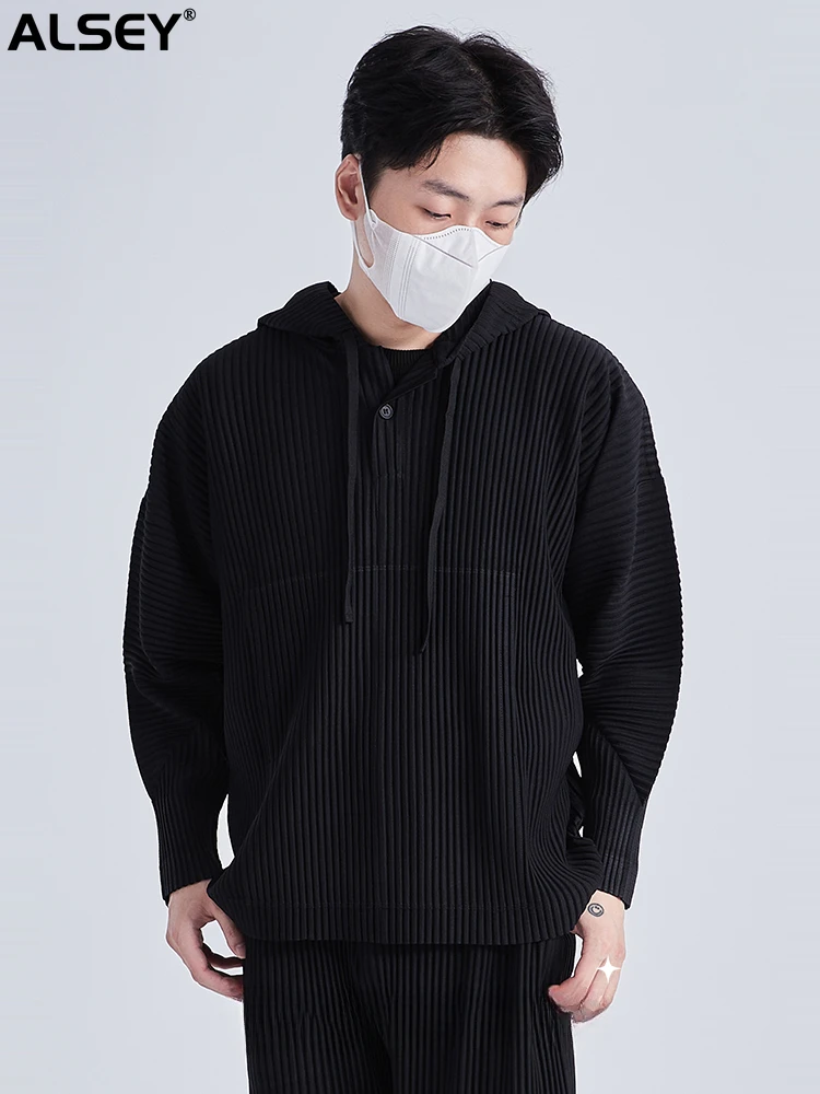 

ALSEY Miyake Pleated Gray Hooded Sweatshirt with Drawstring Fashion Drop Shoulder Loose Silhouette Long Sleeve Men Clothing