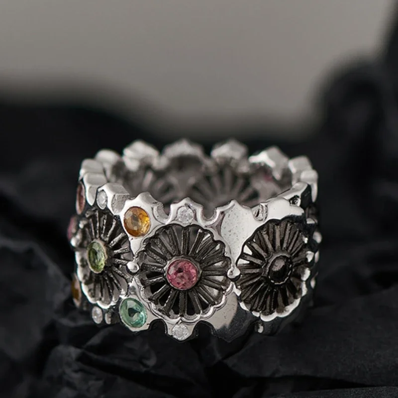 S925 sterling silver rings for Women New fashion colors tourmaline hollow lace flowers adjustable jewelry free shipping