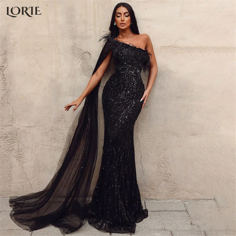 

LORIE Luxury Glitter Black Mermaid Evening Dresses One Shoulder Straps Ribbons Sparkly Prom Dress Feathers Sequins Party Gowns