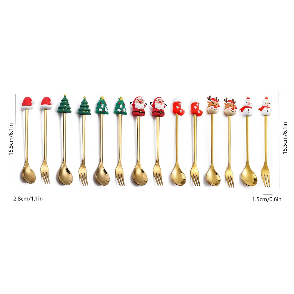 Christmas Gift Gold Spoon Fork Set Elk Christmas Tree Decoration Dessert Scoop Fruit Fork Coffee Spoon Festive Cutlery 6/4 PCS