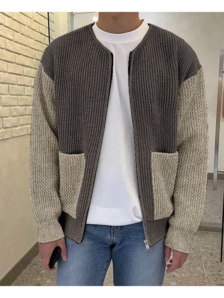 

2023 Autumn New Fashionable Men's Coat Patchwork Knitted Cardigan Casual Zippered Sweater Long Sleeved O-Neck Men Clothing
