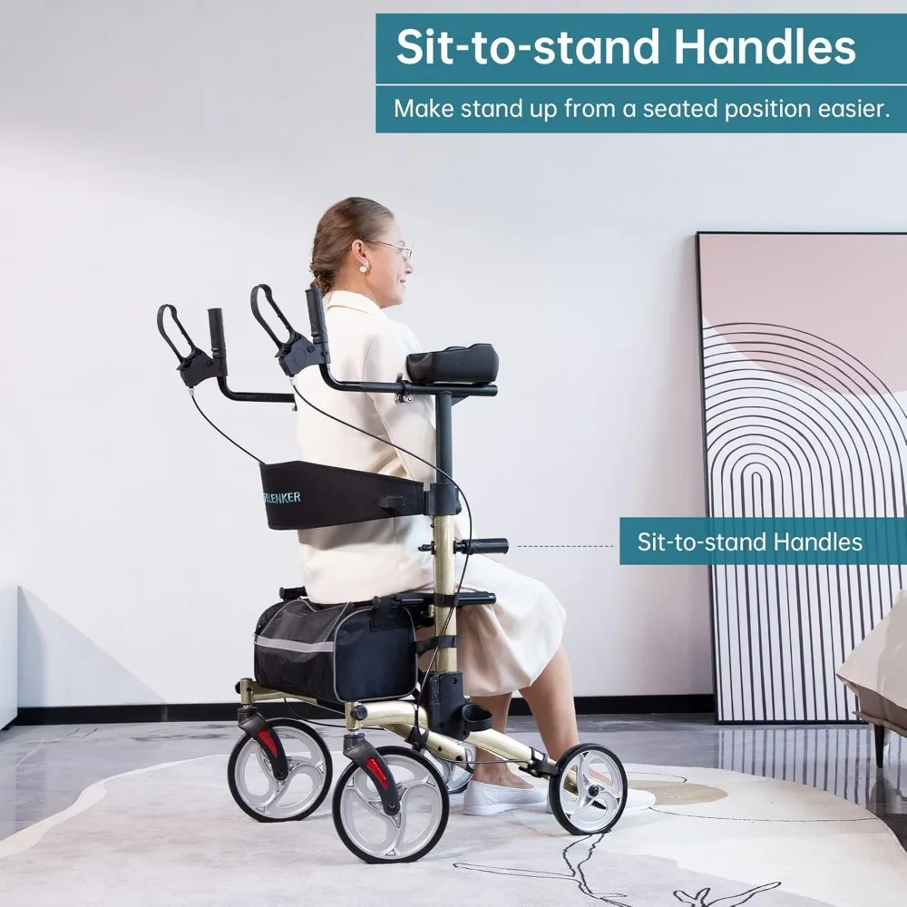Upright Walker, Stand Up Folding Rollator Walker with  Front Wheels Backrest Seat and Padded Armrests(Champagne) 4