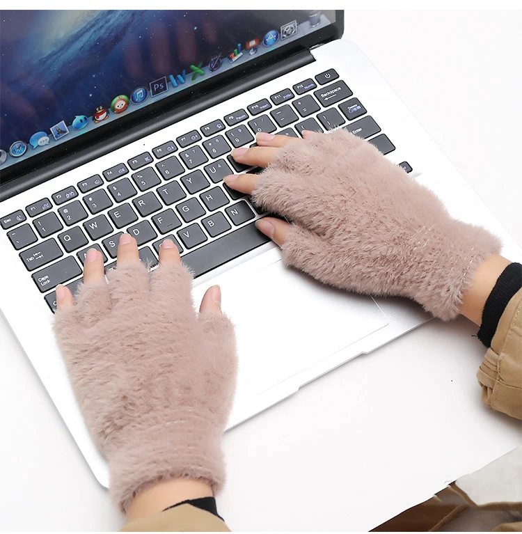 Lovely Fluffy Plush Fingerless Gloves Students Write Type Women Mink Soft Winter Warm Half Fingers Gloves Girls Knitted Mittens