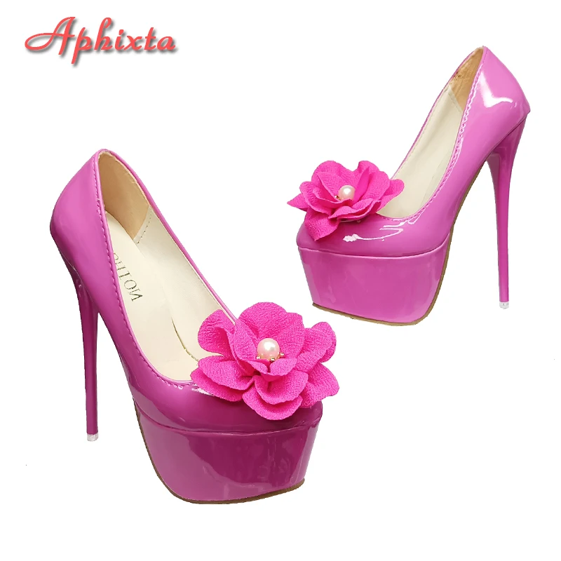 Aphixta Pearl Flowers Hot Sale Party Disco Dance Pumps Women 5.5cm Platform 16cm Super High Thin Heels Fashion Pumps