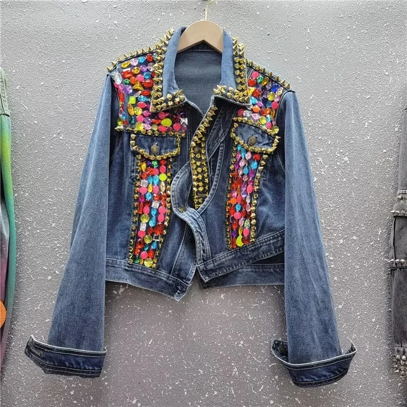 

Women Rainbow Color Gemstones Beaded Denim Coat Irregular Diamonds Jeans Jacket Rivets Rhinestones Cowboy Streetwear Cardigan