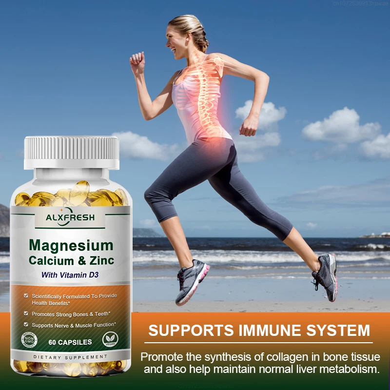 Alxfresh Calcium Magnesium Zinc & Vitamin D3 Capsules for Immune System, Bone, Nervous System Health Support | Non-GMO, Vegan