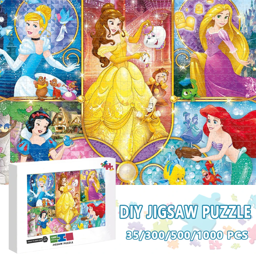 Disney Princess Jigsaw Puzzle 35/300/500/1000 Pieces Cartoon Jigsaw Puzzle Cinderella Ariel Educational Children Toys for Kids