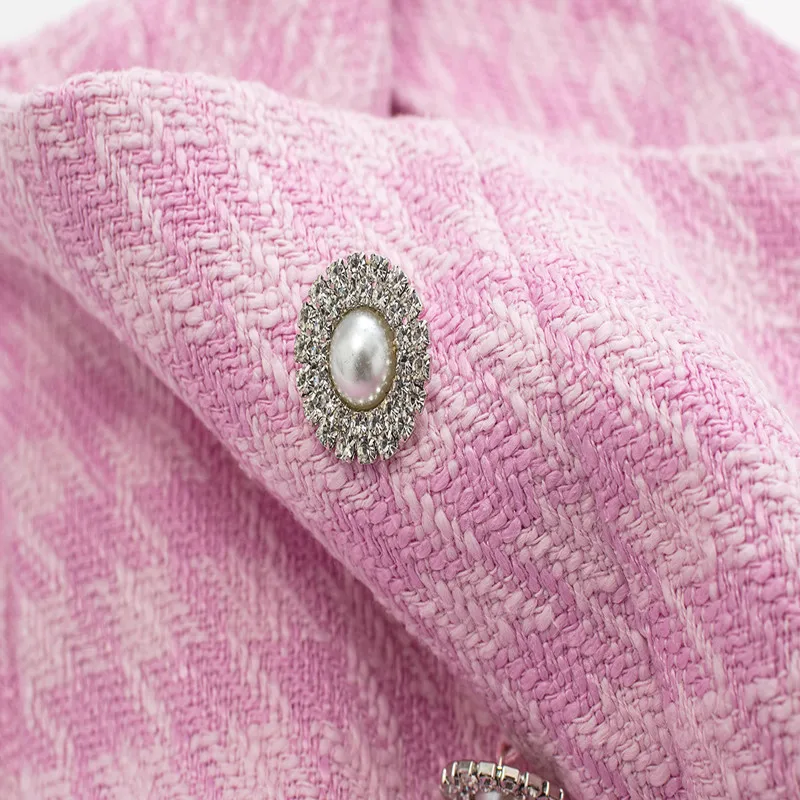 2022 Spring Textured Culottes Houndstooth Pink Small Fragrance Double Breasted High Waist Shorts