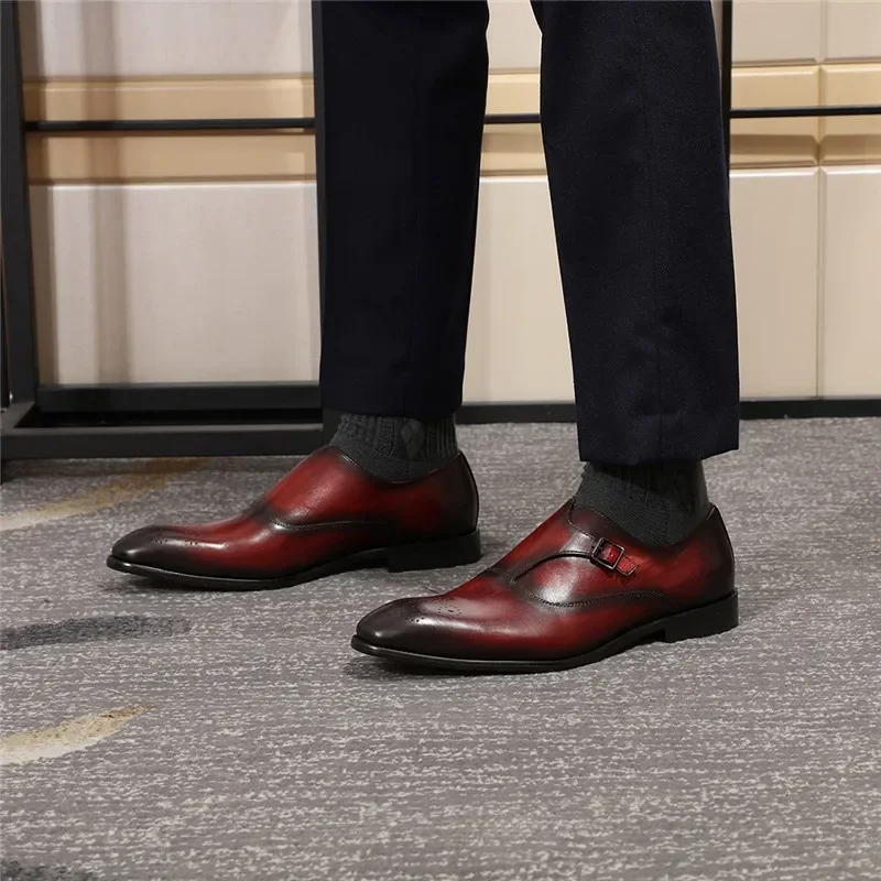 European Style Gentleman Monk Strap Formal Shoes-3 Colors Pointed Toe Men's Dress Loafers with Buckle Strap for Parties