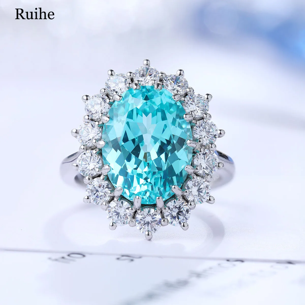 

Vintage 925 Silver 9.15 Carat Paraiba Lab Grown Gemstone Ladies Fashion Jewelry Women Rings