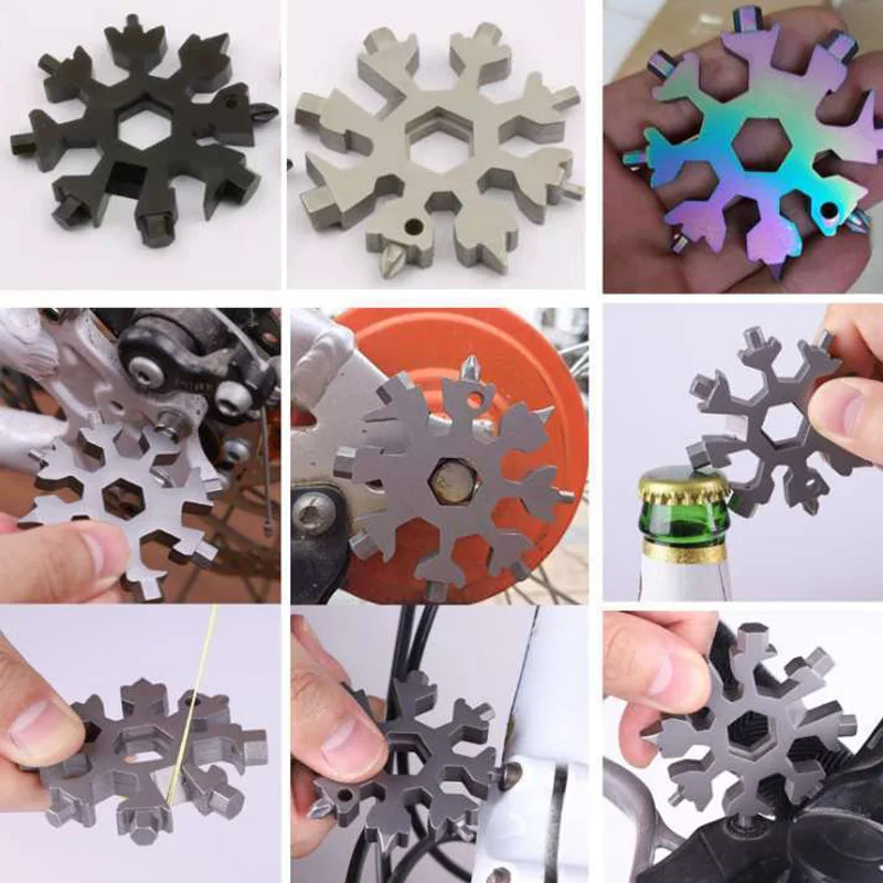 18-in-1 Multi Function Keychain Tool Stainless Steel Snowflakes Herramienta 18 En 1 Multifunctional Copo De Nieve Llave Multiusos