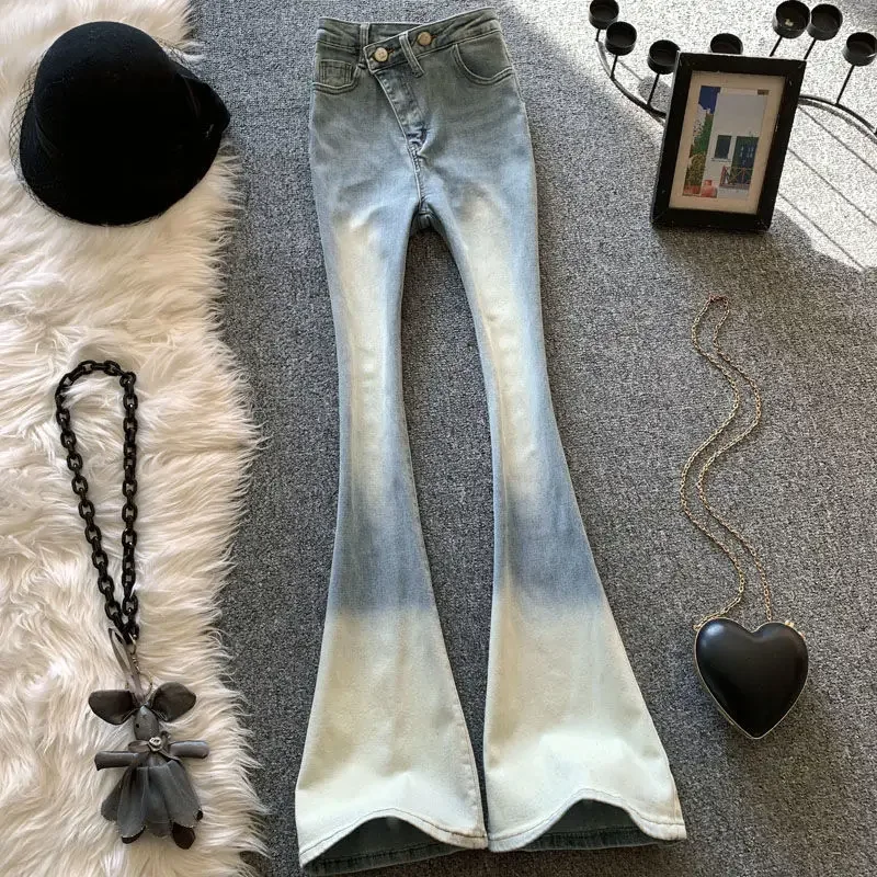 Korean Washed Contrasting Gradient Slightly Flared Jeans Y2K Retro Street Fashion Casual Hot Girl Slim Straight High Waist Jeans