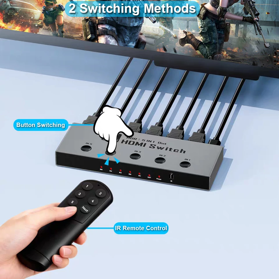 8K HDMI 2.1 Switch Splitter 4K 240Hz 5 Port HDMI 2.1 Switcher with remote 5 In 1