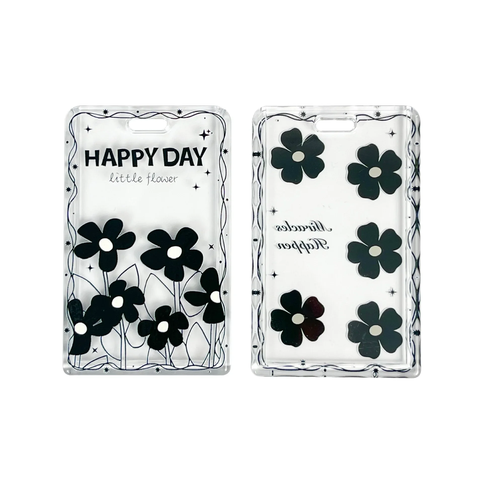 Spring Rope Black Flower Transparent Card Holder Student Card Sleeve Access Control Bus Cards Case Lanyard Covers Id Holder