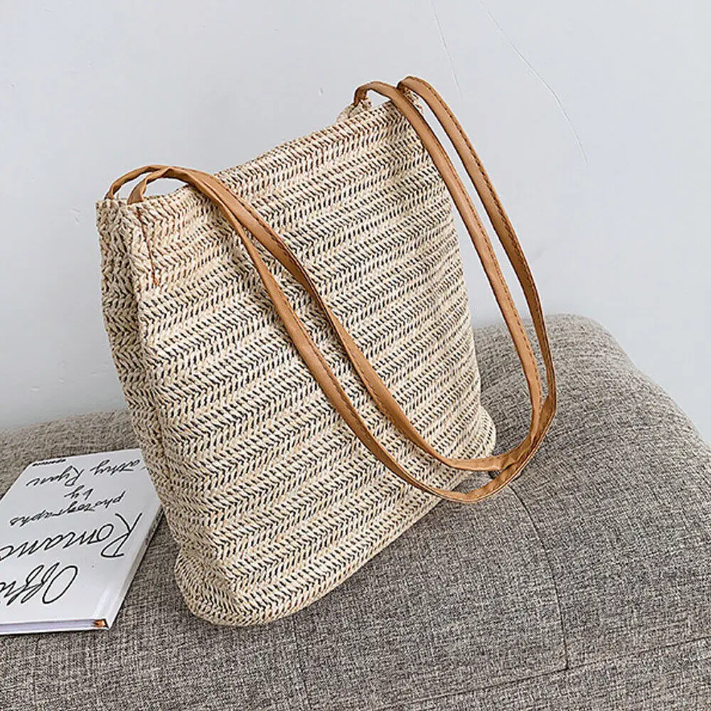 Bolsa de playa para mujer, bolso de mimbre rectangular tejido a mano Bolsa de playa para mujer, bolso de mimbre rectangular tejido a mano