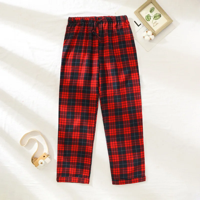 Women100CottonBrushedSleepingTrousersRedPlaidPajamaPantsSoft