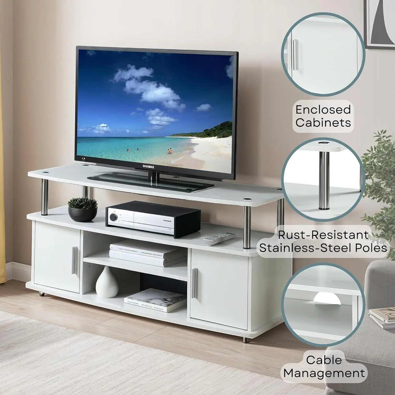 Designs2Go Monterey Stand. Entertainment Center. Storage Cabinets & Shelves. Modern TV Console. 47.25". White.