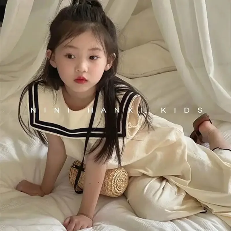 Girls Casual Summer Korean Style Children's Stylish Navy Collar Sleeveless Top Bell Bottoms 2-piece Set 5