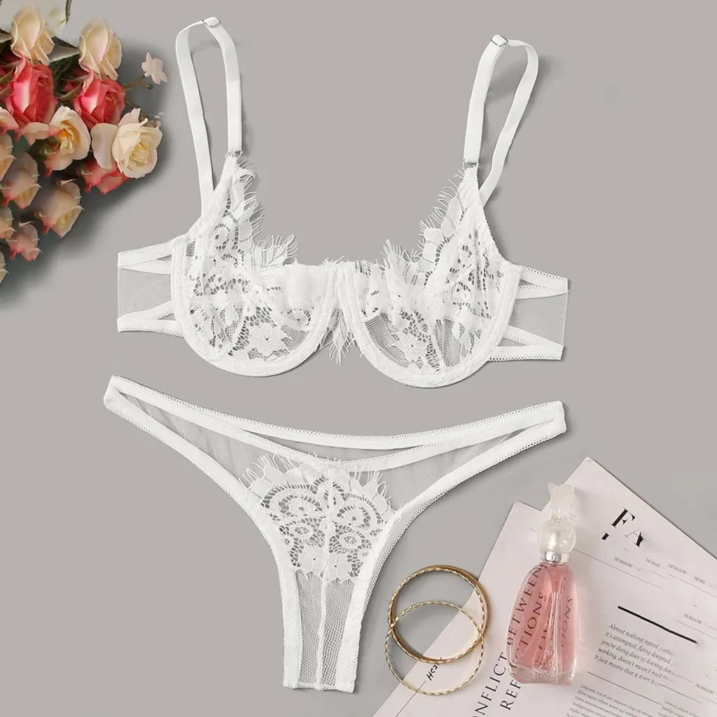 

Women Mesh Sheer Bra Set Transparent Flower Lace Bralette Seamless Solid Color Thongs Underpants Sweet Cozy Elastic Lingerie Sat