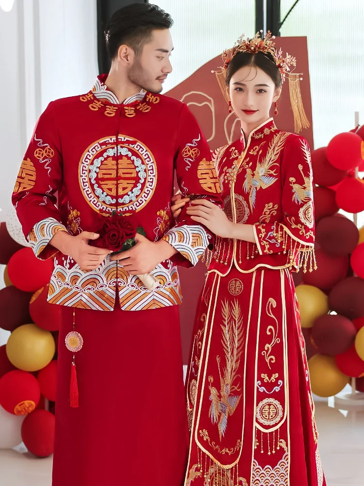 

Toast Clothing Retro Satin Mandarin Collar Tassels Wedding Dress Bride Red Phoenix Embroidery Cheongsam