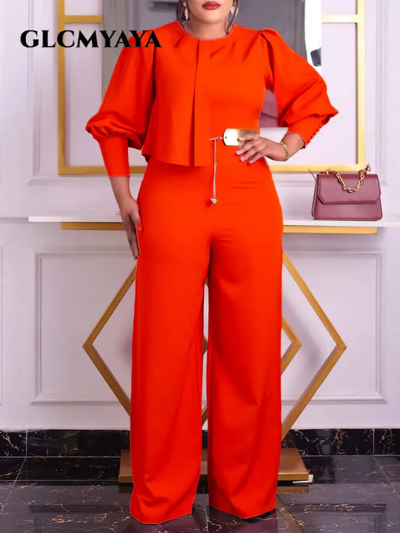 

CM.YAYA Fashion Women Lantern Long Sleeve with Belt Straight Jumpsuit 2023 Office Lady Street Basic One Piece Suit Playsuit