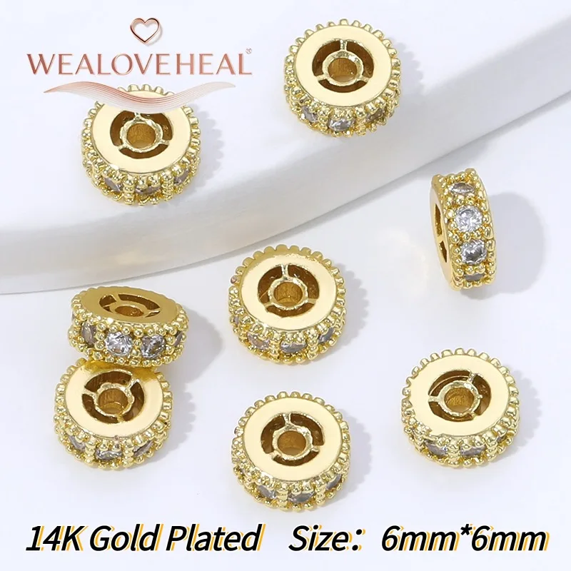 14K vergoldete Messing-Flachrund-Abstandsperlen, mit Zirkonia besetzte Abstandsperlen für DIY-Halsketten, Armbänder, Schmuckherstellungszubehör. – Detail 21