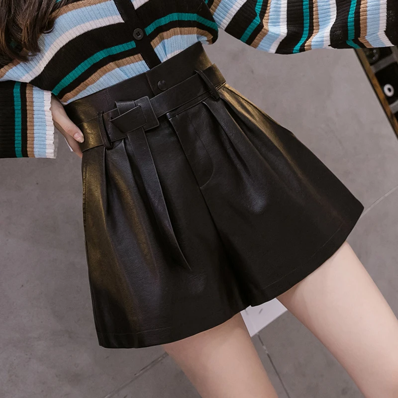 2022 New Autumn Winter Black PU Faux Leather Women's Shorts Sashes High Waist Wide Leg Shorts Elegant Female Trousers MT577 dickies shorts