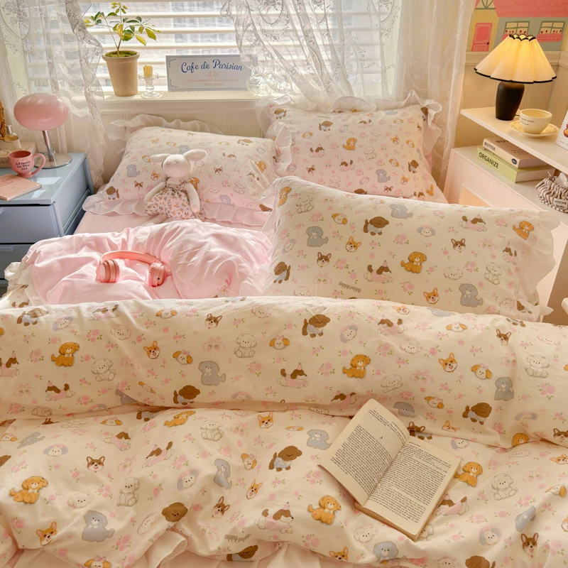Sweet Vintage Floral Ruffle Cute Ruffles Bedding Set Twin Single Double Queen Soft Duvet Cover Bed Sheet Pillowcases 4Pcs 2