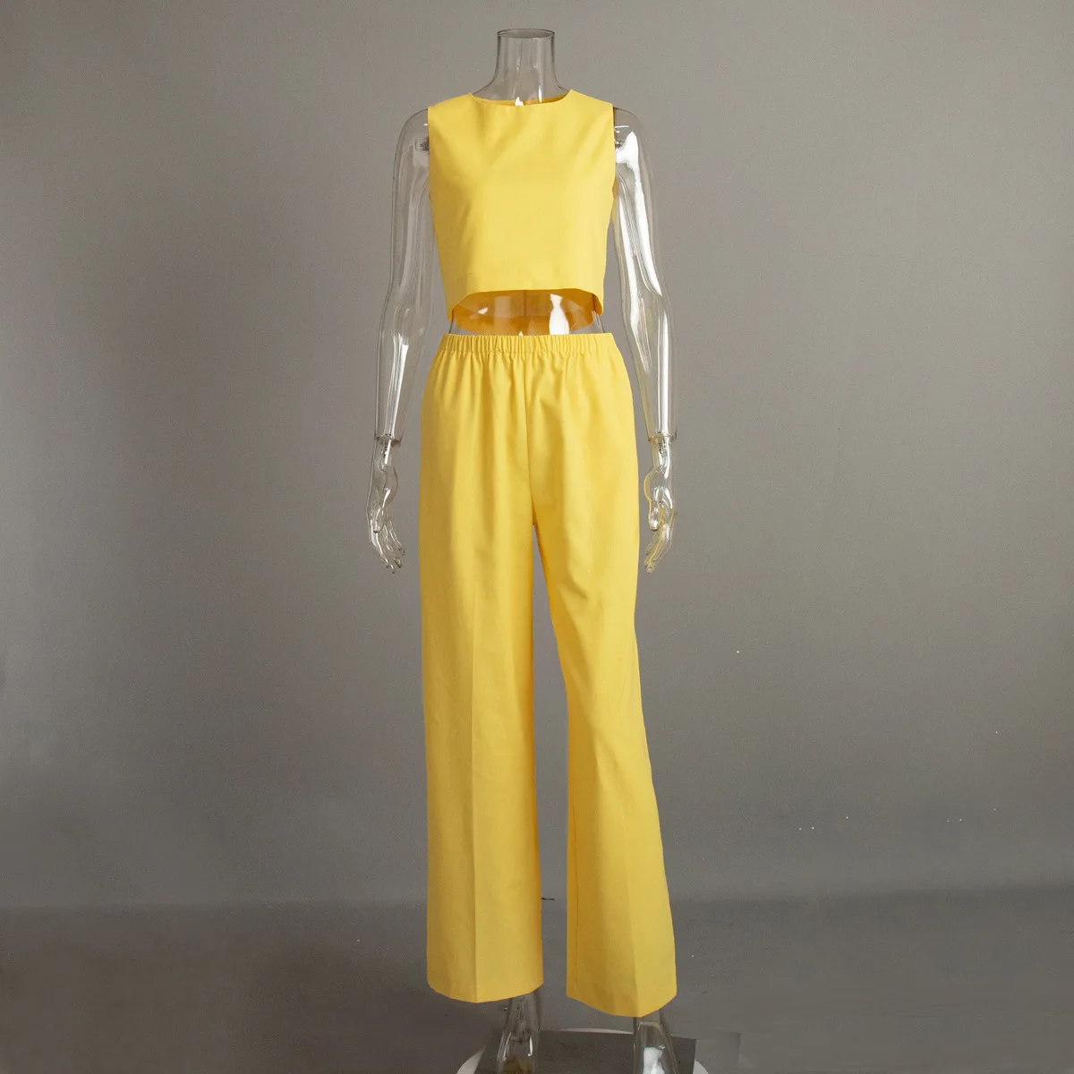 Summer Fashion 2 Piece-Set Women's Pants Sleeveless Cropped Vest Top And Wide Leg Trousers Sets Female Outfits Trousers