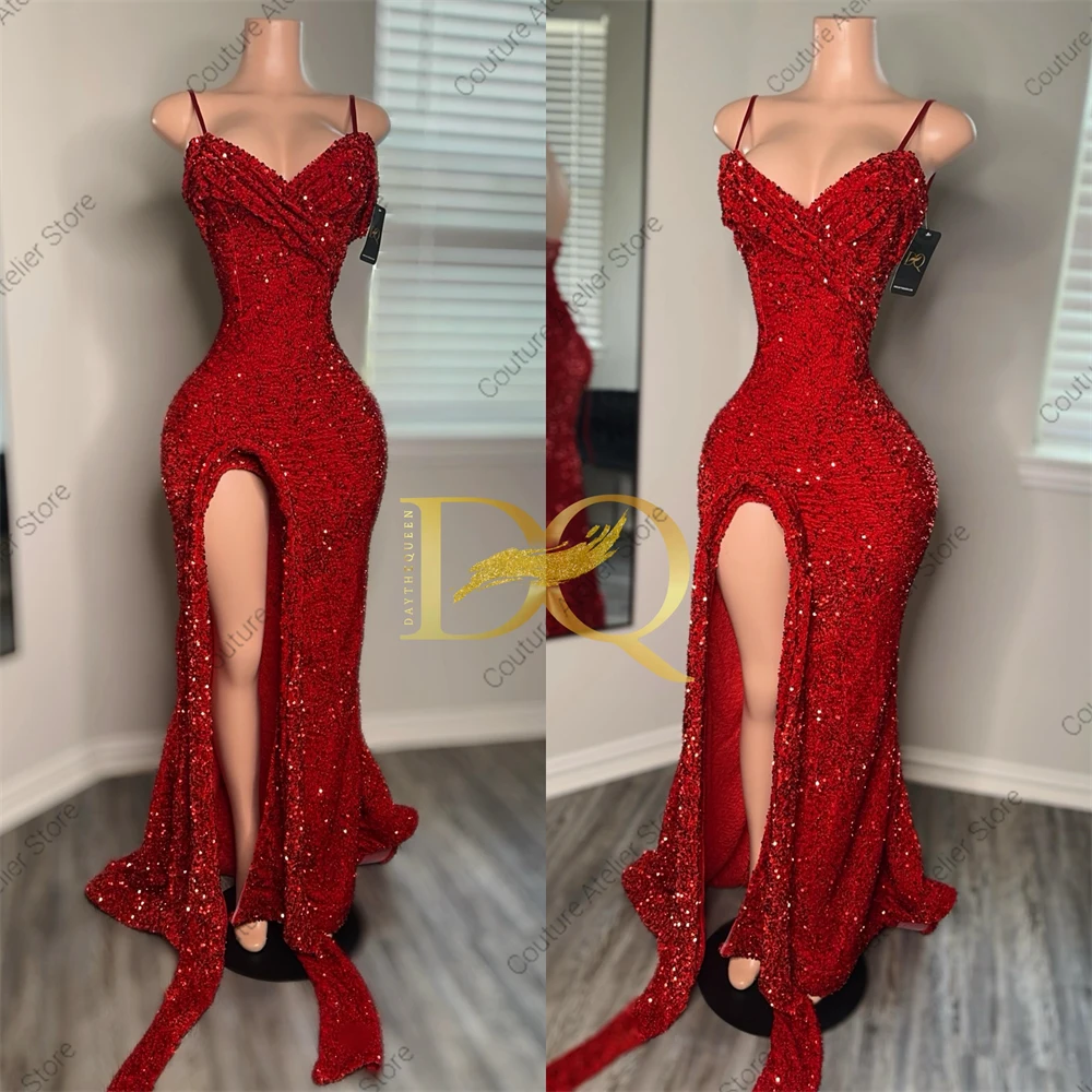 Spaghetti Hight Split Sequin Prom Dresses Mermaid Dress For Black Girls Luxury Formal Occasion Dresses Birthday Customized