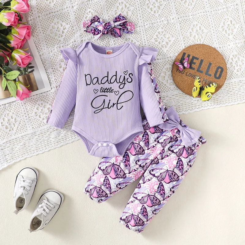 

Toddler Baby Girl Clothes Sets Spring Autumn Long Sleeve Romper +Butterfly Print Trousers+Headband 3Pcs Outfit Clothing Sets