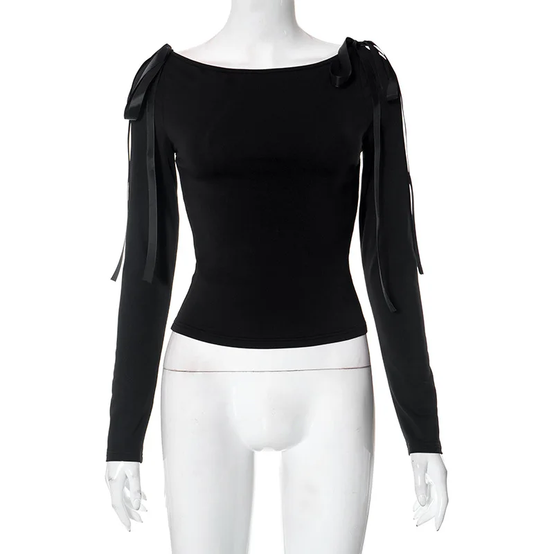 Top sexy de color liso con un solo hombro Y2k, manga larga, lazo con cordones, ropa de mujer, moda informal, ropa de calle, camisas para mujer