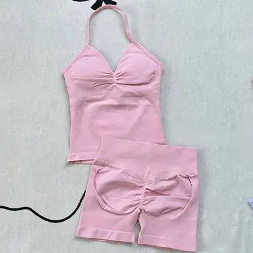 Women Gym Suit Clothes Longline Strappy Top Bras Seamless High Waisted Shorts Sports 2PCs Fitness Suit Running Workout Yoga Set - Image 2