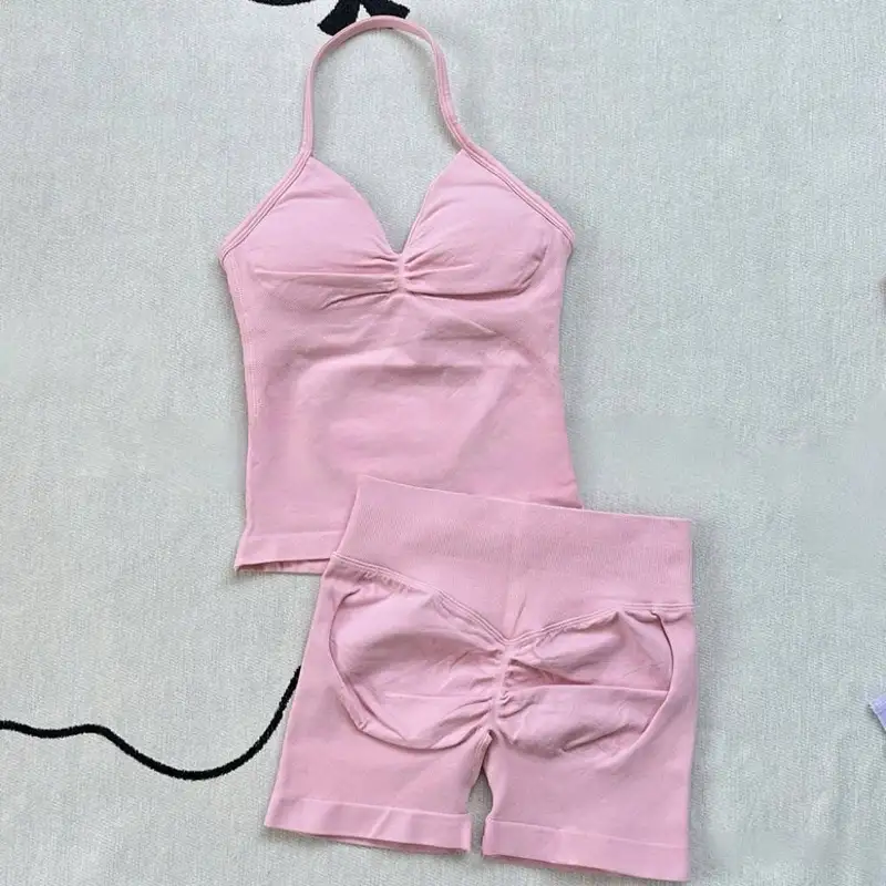 Women Gym Suit Clothes Longline Strappy Top Bras Seamless High Waisted Shorts Sports 2PCs Fitness Suit Running Workout Yoga Set - Image 2