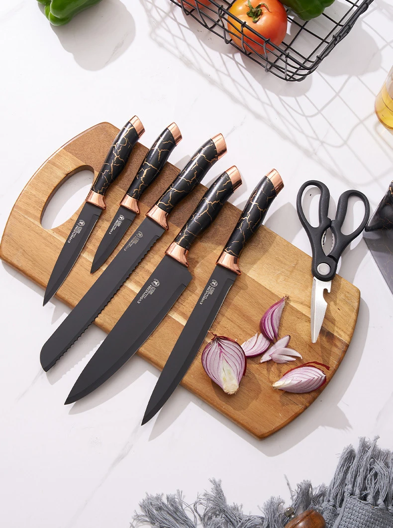 7pcs Kitchen Knife Sets Stainless Steel Chef Knife Bread Knife Marble Textured Handle Sets Tool Holder with Grinding Stone