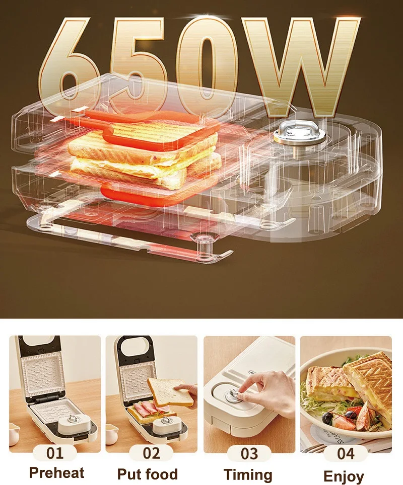 650W Electric Sandwich Maker Timing Waffle Maker Automatic Non-sticky Toaster Multifunctional Fast Breakfast Kitchen tools