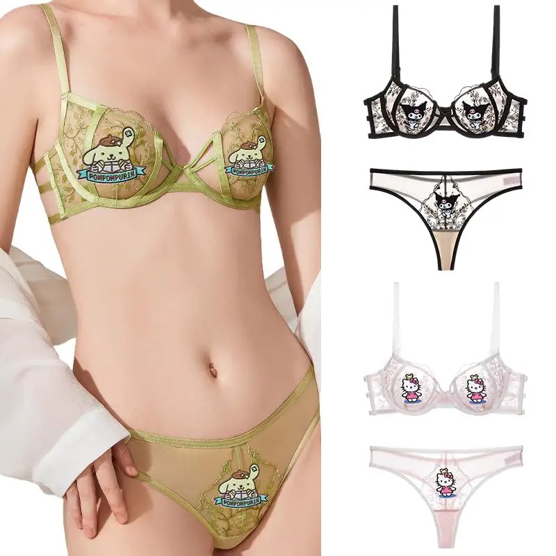 

Cartoon Hello Kitty Kuromi Pompom Purin Pure Erotic Underwear Kawaii Sanrio Anime Sweet Sexy Lace Pull Up Thin Bra Briefs Set
