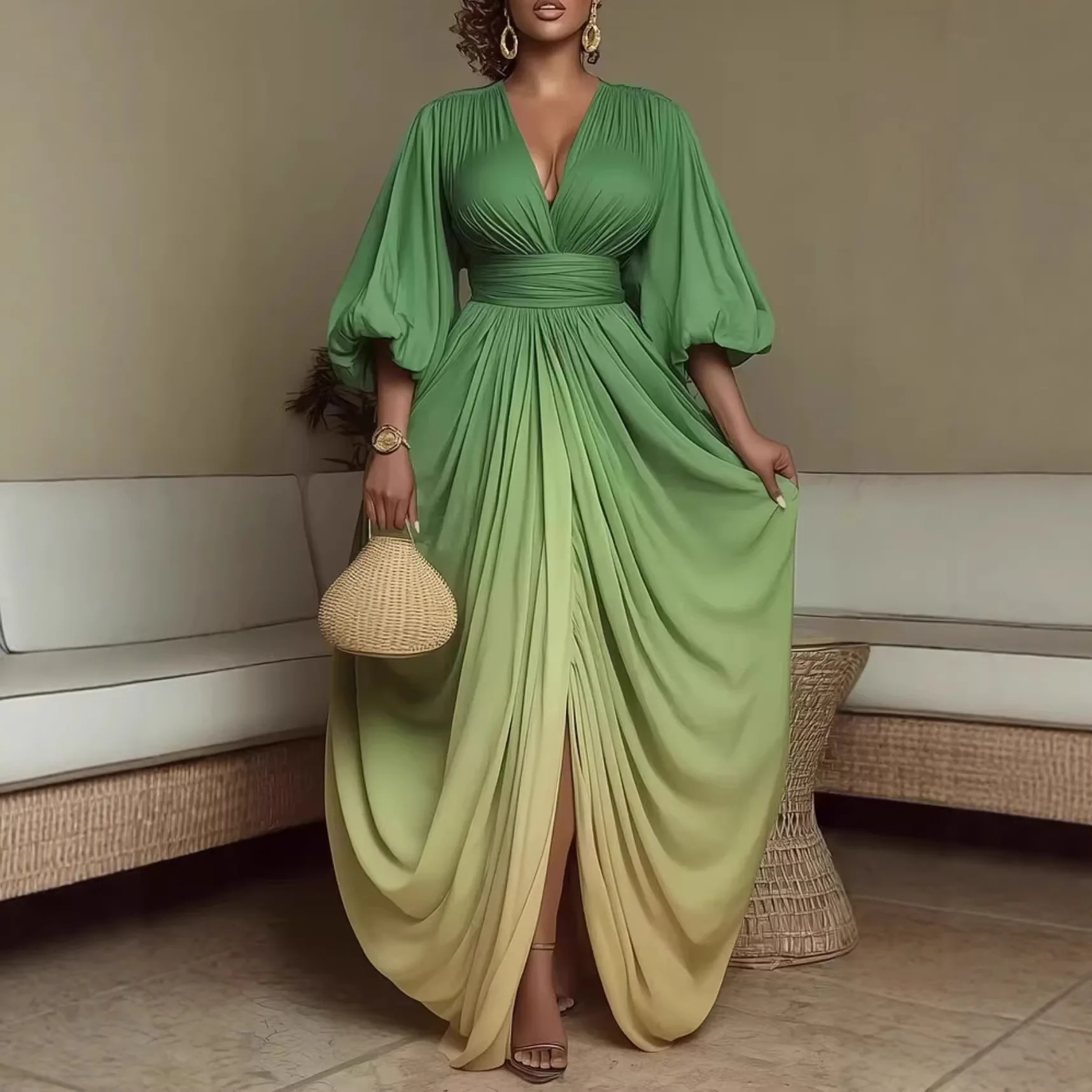 Long Dress Women Dresses Deep V Neck Tight Waist Puff Sleeve A Line Vestidos Pleated Elegant Evening Y2k Streetwear Gradient