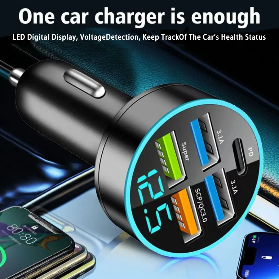 15.5W 4USB Car Charger Type-C Digital Display Car Power Charger 5V 3.1A With Voltage Detection Multi-port Car Power Adapter
