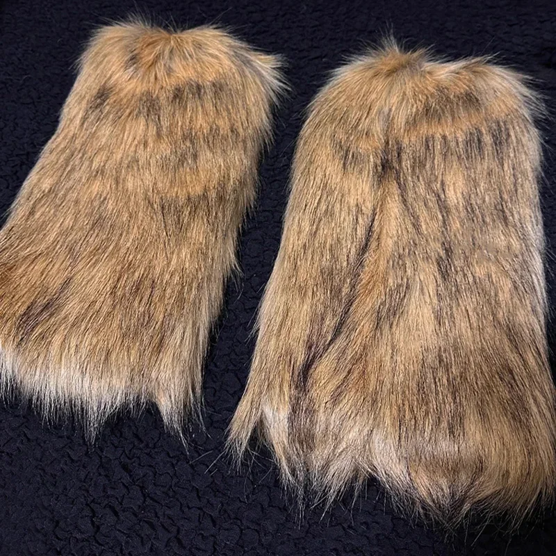 Y2k Vintage Brown Imitation Fur Leg Warmers Winter Warm Boots Socks Fashion Punk Boot Covers Hosiery