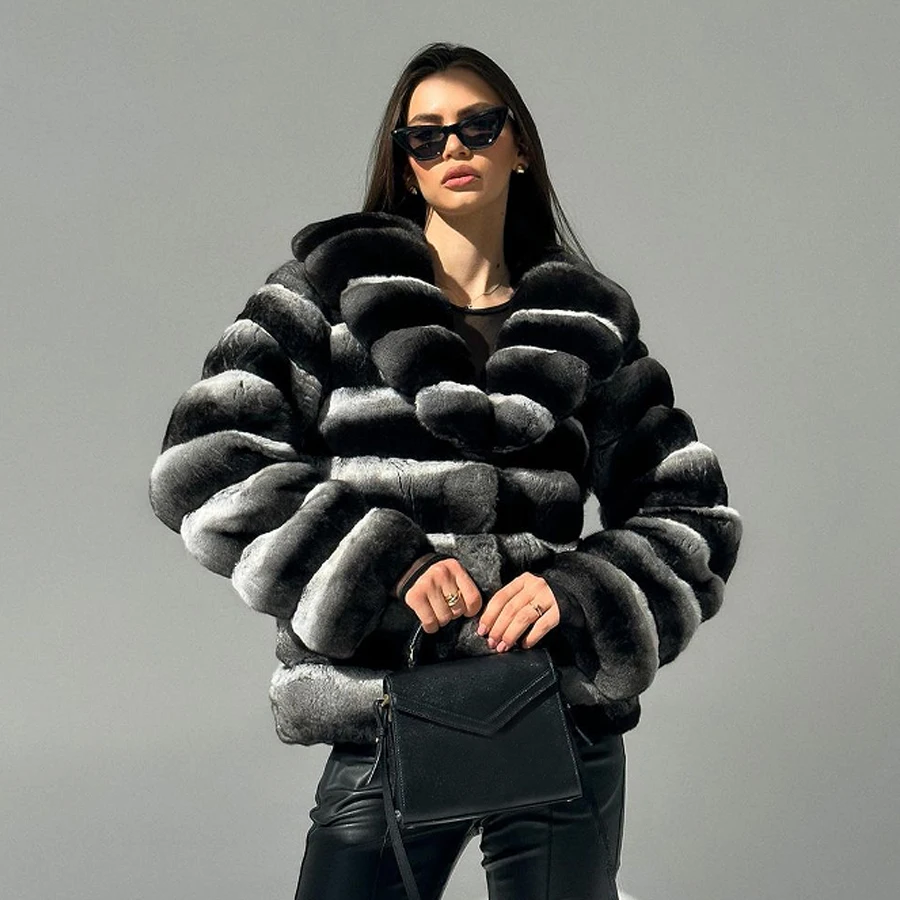 Chinchilla Fur Coats Real Rex Rabbit Fur Jacket With Stand Collar